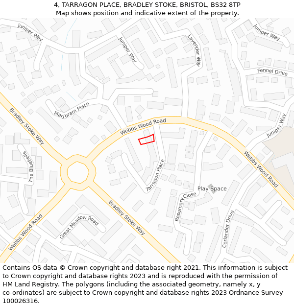 4, TARRAGON PLACE, BRADLEY STOKE, BRISTOL, BS32 8TP: Location map and indicative extent of plot