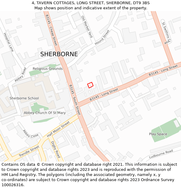 4, TAVERN COTTAGES, LONG STREET, SHERBORNE, DT9 3BS: Location map and indicative extent of plot