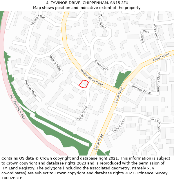 4, TAVINOR DRIVE, CHIPPENHAM, SN15 3FU: Location map and indicative extent of plot