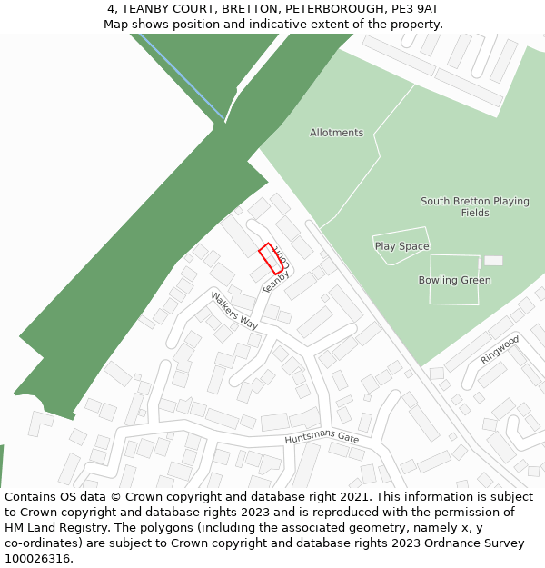 4, TEANBY COURT, BRETTON, PETERBOROUGH, PE3 9AT: Location map and indicative extent of plot