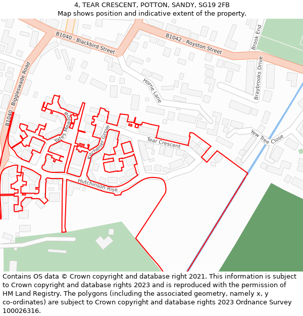 4, TEAR CRESCENT, POTTON, SANDY, SG19 2FB: Location map and indicative extent of plot