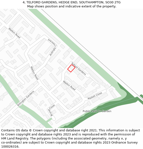 4, TELFORD GARDENS, HEDGE END, SOUTHAMPTON, SO30 2TG: Location map and indicative extent of plot