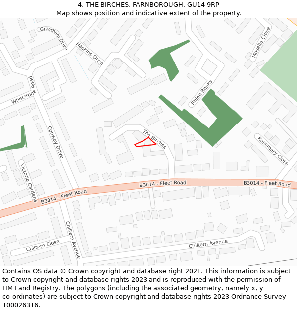 4, THE BIRCHES, FARNBOROUGH, GU14 9RP: Location map and indicative extent of plot