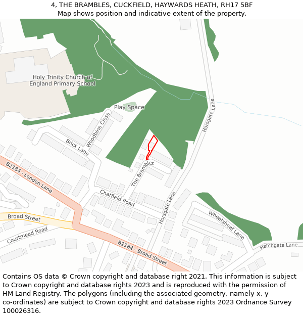 4, THE BRAMBLES, CUCKFIELD, HAYWARDS HEATH, RH17 5BF: Location map and indicative extent of plot