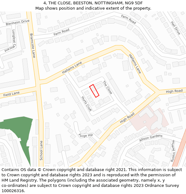 4, THE CLOSE, BEESTON, NOTTINGHAM, NG9 5DF: Location map and indicative extent of plot