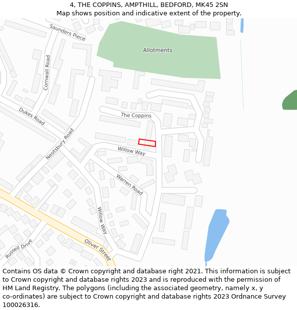 4, THE COPPINS, AMPTHILL, BEDFORD, MK45 2SN: Location map and indicative extent of plot