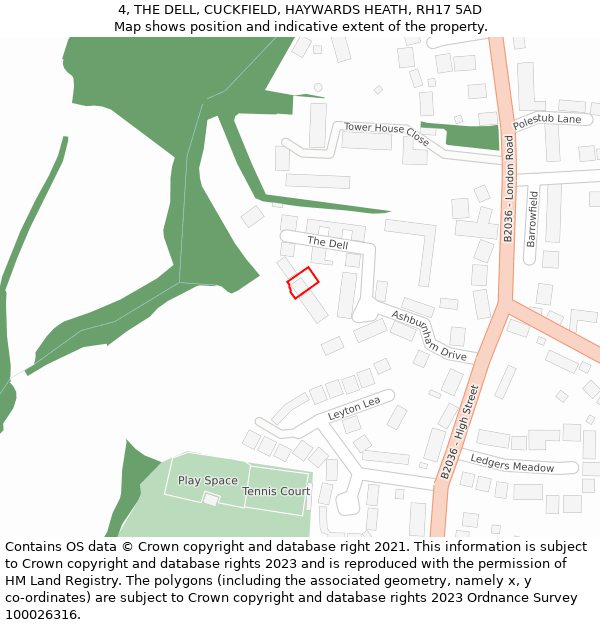 4, THE DELL, CUCKFIELD, HAYWARDS HEATH, RH17 5AD: Location map and indicative extent of plot