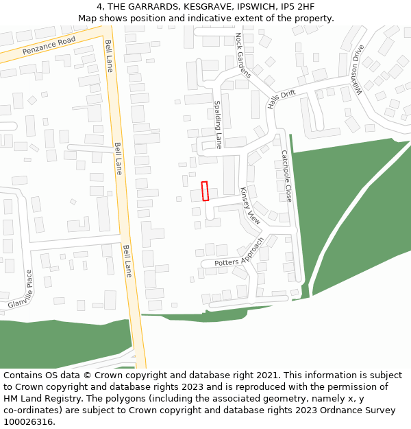 4, THE GARRARDS, KESGRAVE, IPSWICH, IP5 2HF: Location map and indicative extent of plot