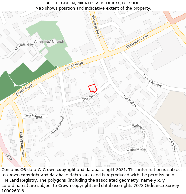 4, THE GREEN, MICKLEOVER, DERBY, DE3 0DE: Location map and indicative extent of plot
