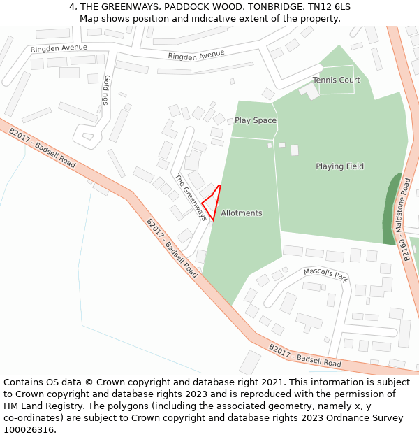 4, THE GREENWAYS, PADDOCK WOOD, TONBRIDGE, TN12 6LS: Location map and indicative extent of plot