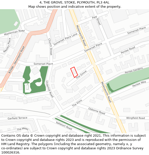 4, THE GROVE, STOKE, PLYMOUTH, PL3 4AL: Location map and indicative extent of plot
