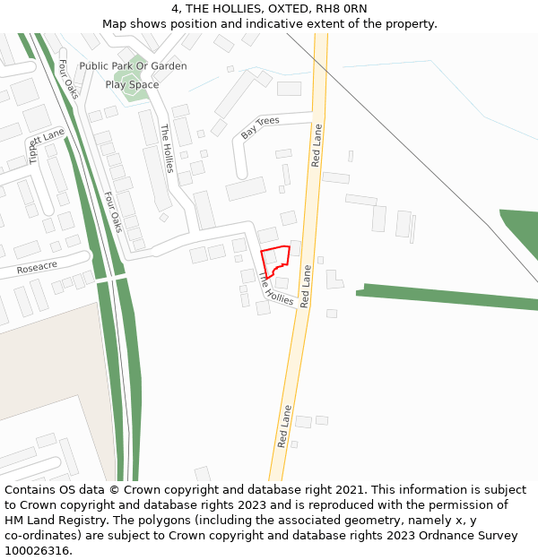 4, THE HOLLIES, OXTED, RH8 0RN: Location map and indicative extent of plot