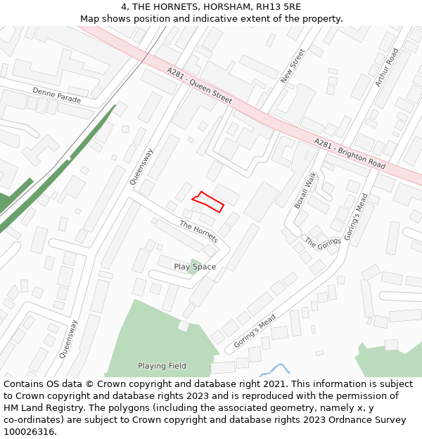 4, THE HORNETS, HORSHAM, RH13 5RE: Location map and indicative extent of plot