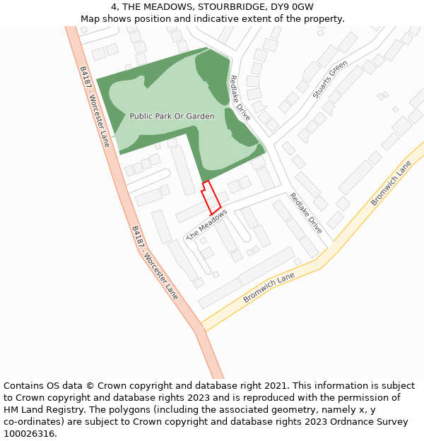 4, THE MEADOWS, STOURBRIDGE, DY9 0GW: Location map and indicative extent of plot