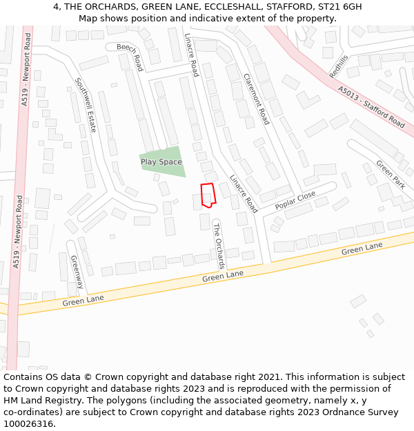 4, THE ORCHARDS, GREEN LANE, ECCLESHALL, STAFFORD, ST21 6GH: Location map and indicative extent of plot