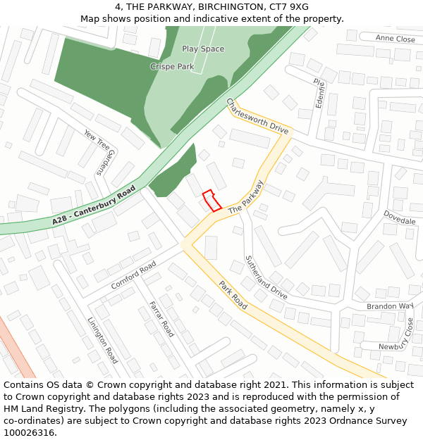 4, THE PARKWAY, BIRCHINGTON, CT7 9XG: Location map and indicative extent of plot