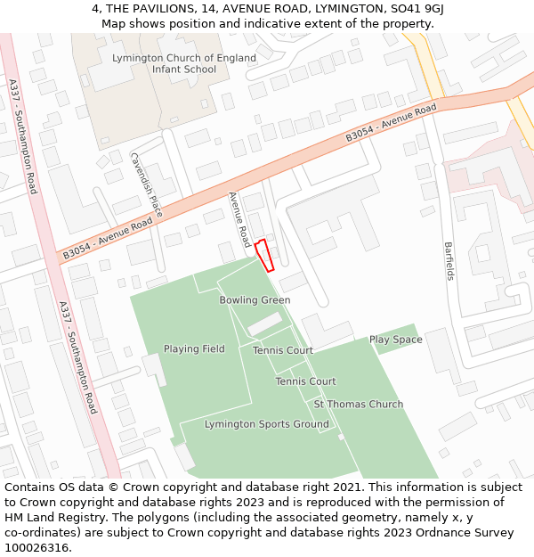 4, THE PAVILIONS, 14, AVENUE ROAD, LYMINGTON, SO41 9GJ: Location map and indicative extent of plot