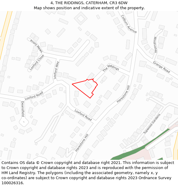 4, THE RIDDINGS, CATERHAM, CR3 6DW: Location map and indicative extent of plot