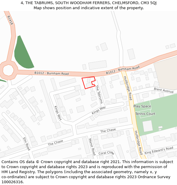 4, THE TABRUMS, SOUTH WOODHAM FERRERS, CHELMSFORD, CM3 5QJ: Location map and indicative extent of plot