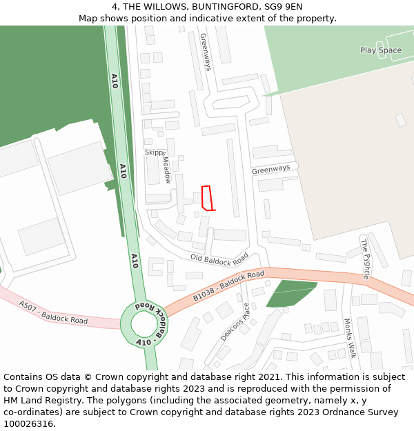 4, THE WILLOWS, BUNTINGFORD, SG9 9EN: Location map and indicative extent of plot