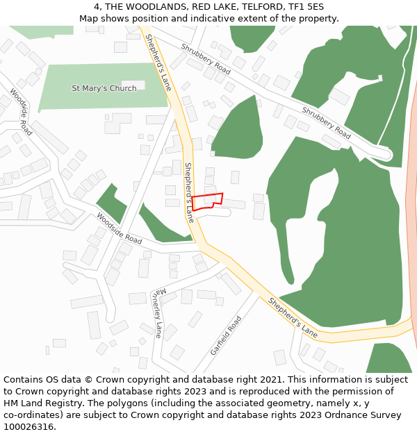 4, THE WOODLANDS, RED LAKE, TELFORD, TF1 5ES: Location map and indicative extent of plot