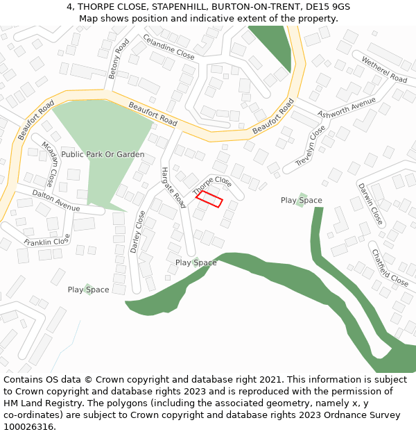 4, THORPE CLOSE, STAPENHILL, BURTON-ON-TRENT, DE15 9GS: Location map and indicative extent of plot