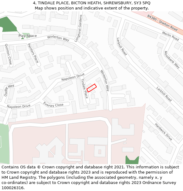 4, TINDALE PLACE, BICTON HEATH, SHREWSBURY, SY3 5PQ: Location map and indicative extent of plot