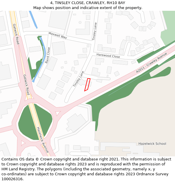 4, TINSLEY CLOSE, CRAWLEY, RH10 8AY: Location map and indicative extent of plot