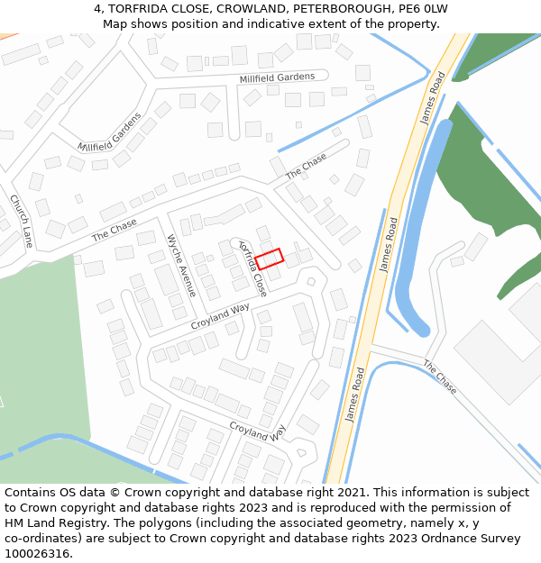 4, TORFRIDA CLOSE, CROWLAND, PETERBOROUGH, PE6 0LW: Location map and indicative extent of plot