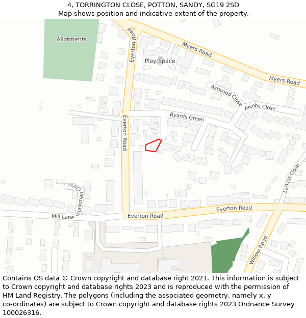 4, TORRINGTON CLOSE, POTTON, SANDY, SG19 2SD: Location map and indicative extent of plot