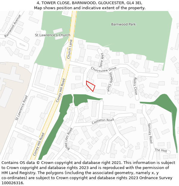 4, TOWER CLOSE, BARNWOOD, GLOUCESTER, GL4 3EL: Location map and indicative extent of plot