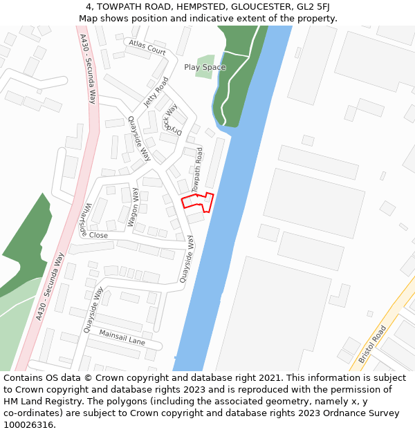 4, TOWPATH ROAD, HEMPSTED, GLOUCESTER, GL2 5FJ: Location map and indicative extent of plot