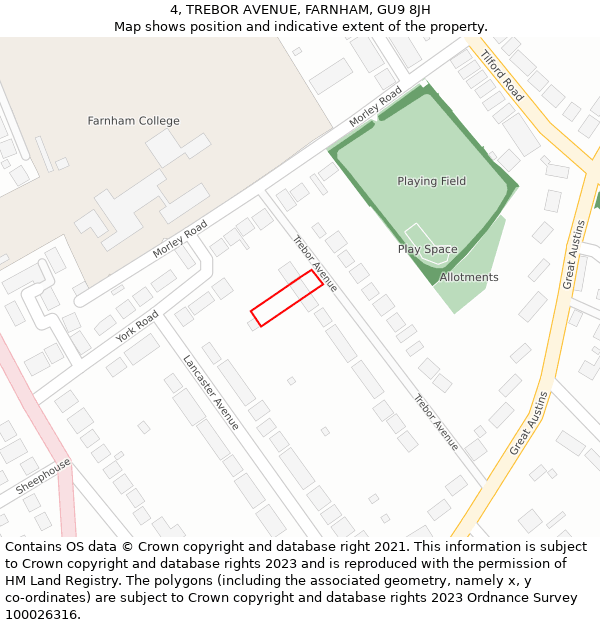 4, TREBOR AVENUE, FARNHAM, GU9 8JH: Location map and indicative extent of plot