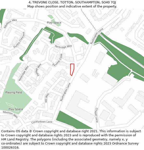 4, TREVONE CLOSE, TOTTON, SOUTHAMPTON, SO40 7QJ: Location map and indicative extent of plot