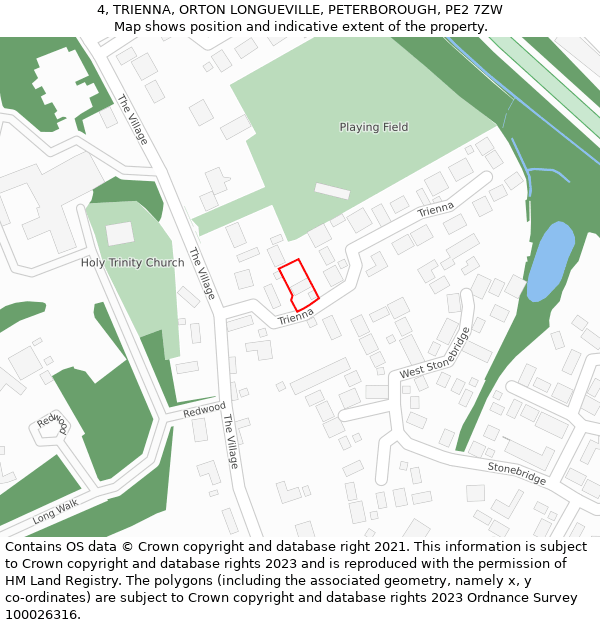 4, TRIENNA, ORTON LONGUEVILLE, PETERBOROUGH, PE2 7ZW: Location map and indicative extent of plot