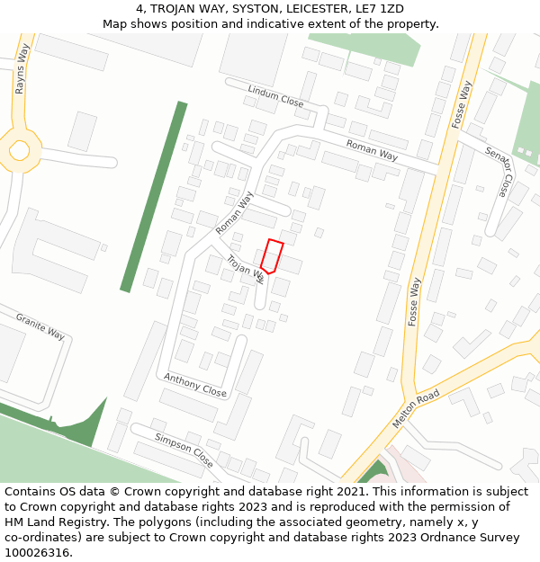 4, TROJAN WAY, SYSTON, LEICESTER, LE7 1ZD: Location map and indicative extent of plot