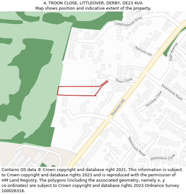4, TROON CLOSE, LITTLEOVER, DERBY, DE23 4UA: Location map and indicative extent of plot