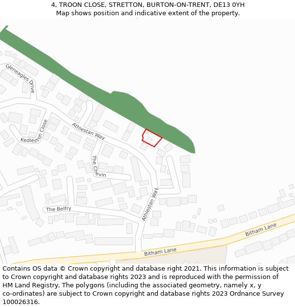 4, TROON CLOSE, STRETTON, BURTON-ON-TRENT, DE13 0YH: Location map and indicative extent of plot