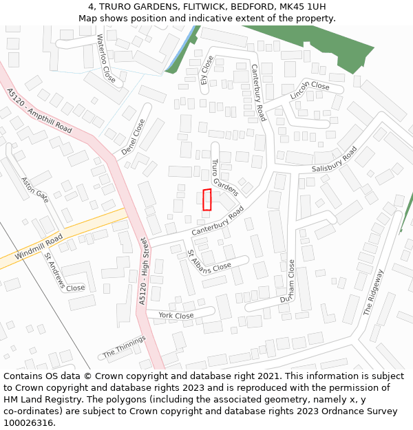 4, TRURO GARDENS, FLITWICK, BEDFORD, MK45 1UH: Location map and indicative extent of plot