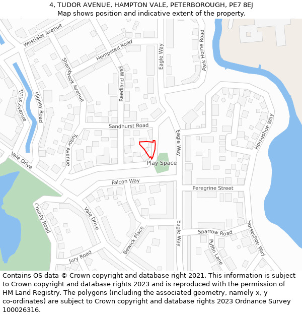 4, TUDOR AVENUE, HAMPTON VALE, PETERBOROUGH, PE7 8EJ: Location map and indicative extent of plot