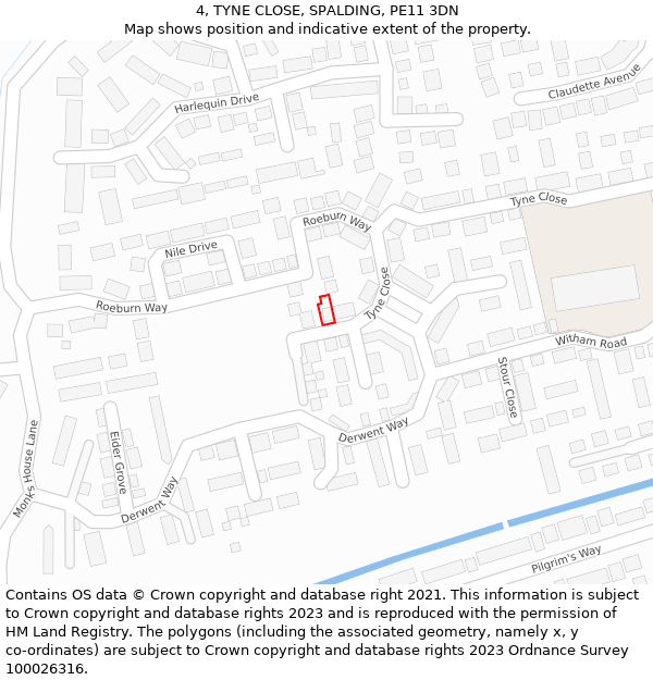 4, TYNE CLOSE, SPALDING, PE11 3DN: Location map and indicative extent of plot