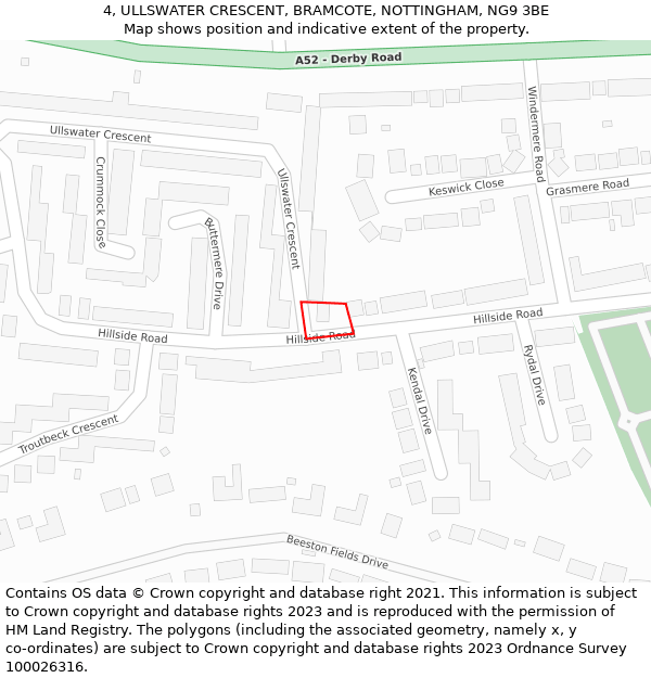 4, ULLSWATER CRESCENT, BRAMCOTE, NOTTINGHAM, NG9 3BE: Location map and indicative extent of plot