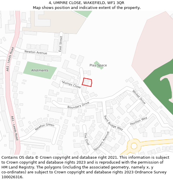 4, UMPIRE CLOSE, WAKEFIELD, WF1 3QR: Location map and indicative extent of plot