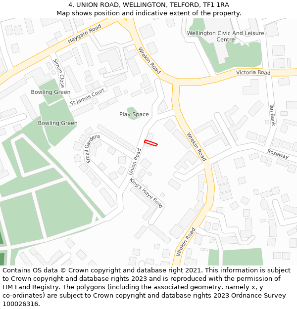 4, UNION ROAD, WELLINGTON, TELFORD, TF1 1RA: Location map and indicative extent of plot