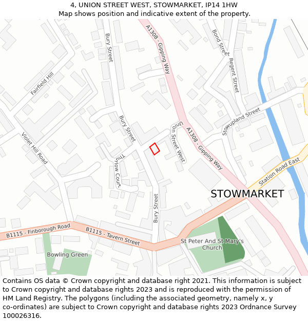 4, UNION STREET WEST, STOWMARKET, IP14 1HW: Location map and indicative extent of plot