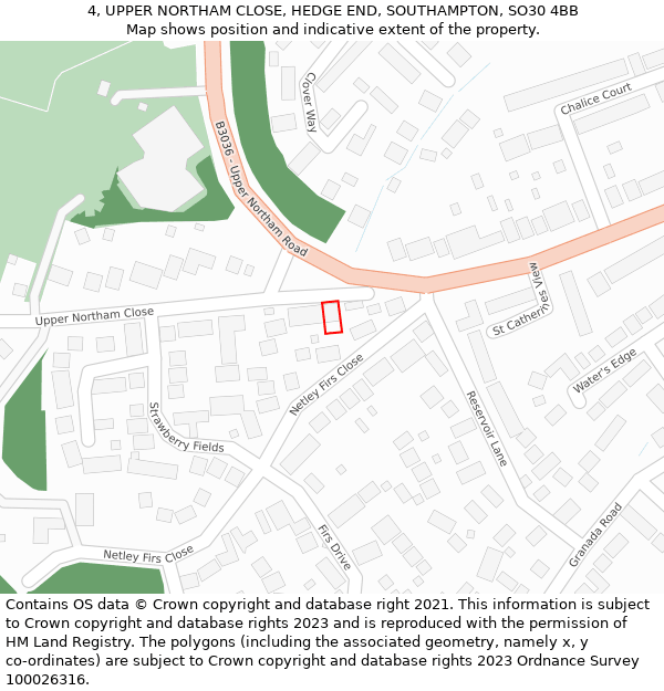 4, UPPER NORTHAM CLOSE, HEDGE END, SOUTHAMPTON, SO30 4BB: Location map and indicative extent of plot