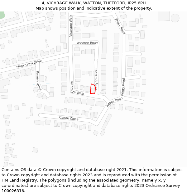 4, VICARAGE WALK, WATTON, THETFORD, IP25 6PH: Location map and indicative extent of plot