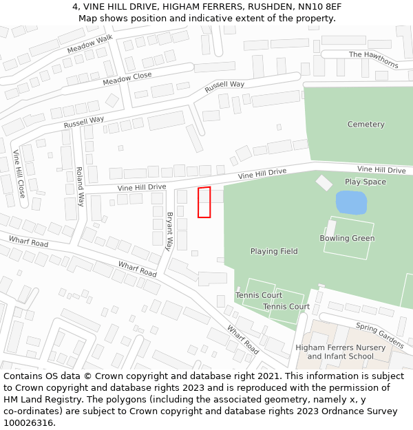 4, VINE HILL DRIVE, HIGHAM FERRERS, RUSHDEN, NN10 8EF: Location map and indicative extent of plot