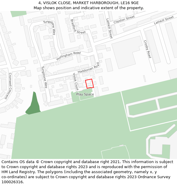 4, VISLOK CLOSE, MARKET HARBOROUGH, LE16 9GE: Location map and indicative extent of plot