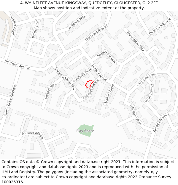 4, WAINFLEET AVENUE KINGSWAY, QUEDGELEY, GLOUCESTER, GL2 2FE: Location map and indicative extent of plot